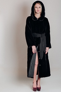 Пальто с капюшоном из меха норки с подкладкой из кашемира, цвет BLACK