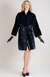 Пальто женское с поясом из меха норки, комбинированное стриженной норкой , цвет FERRO