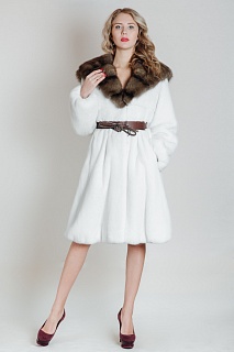 Пальто из норки с капюшоном из меха соболя, цвет WHITE + TORTORA